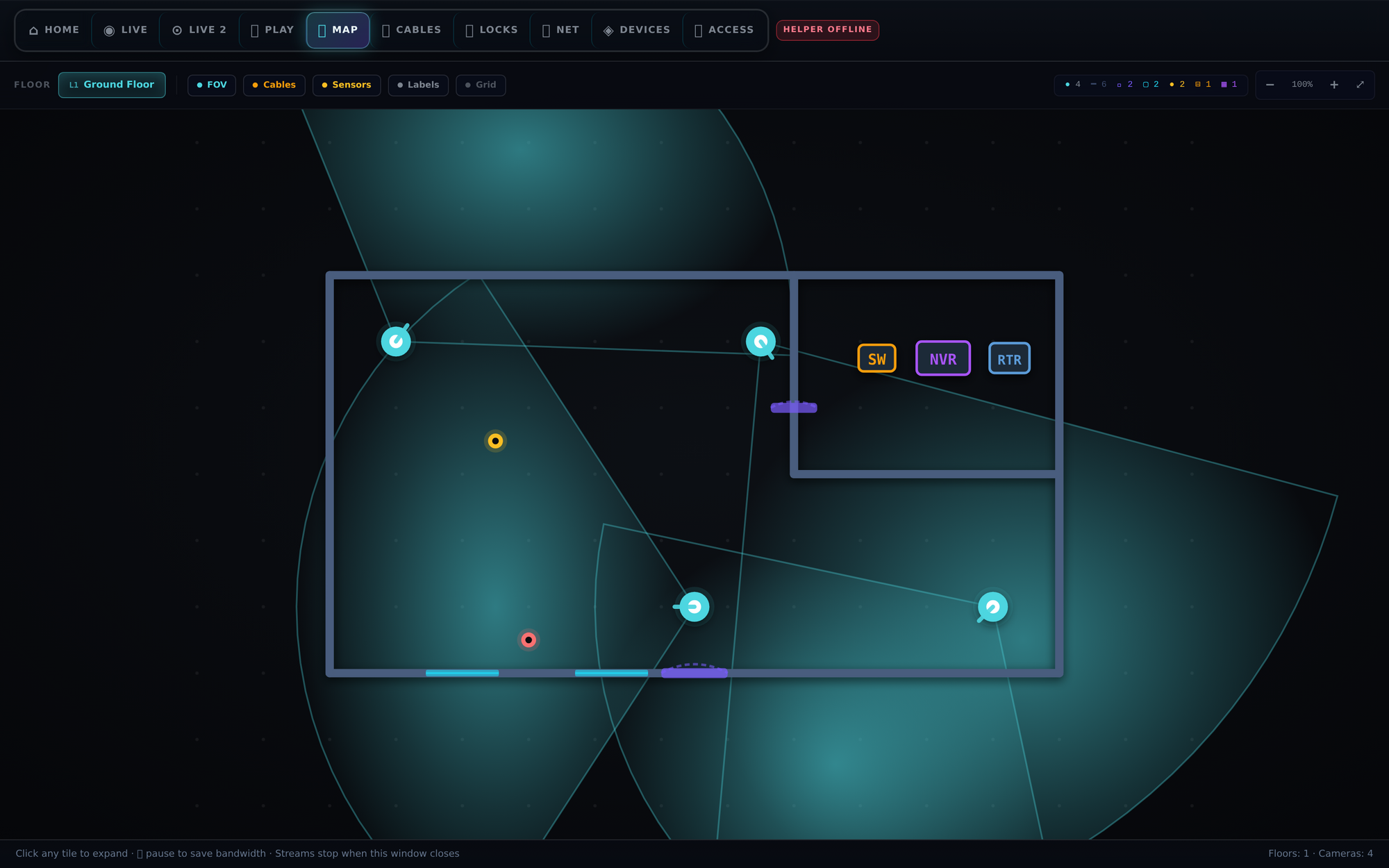 Example site diagram showing camera positions and coverage areas