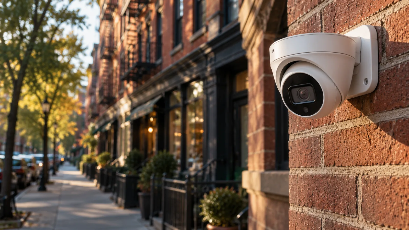 Illustrative camera installation on a New York brick building