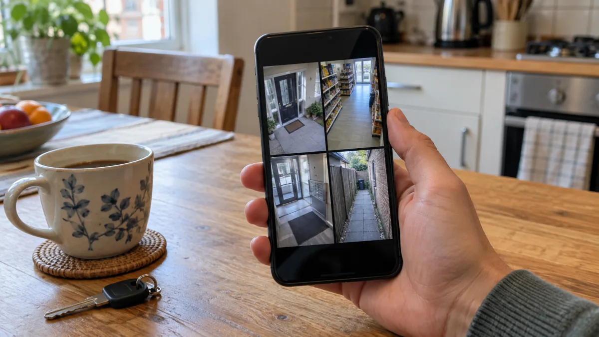 Illustrative everyday setup for checking security cameras from a phone