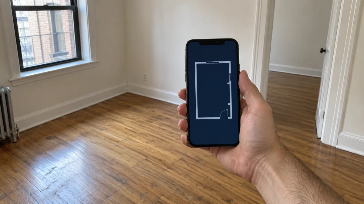 Illustrative site visit with a phone used to survey an interior space