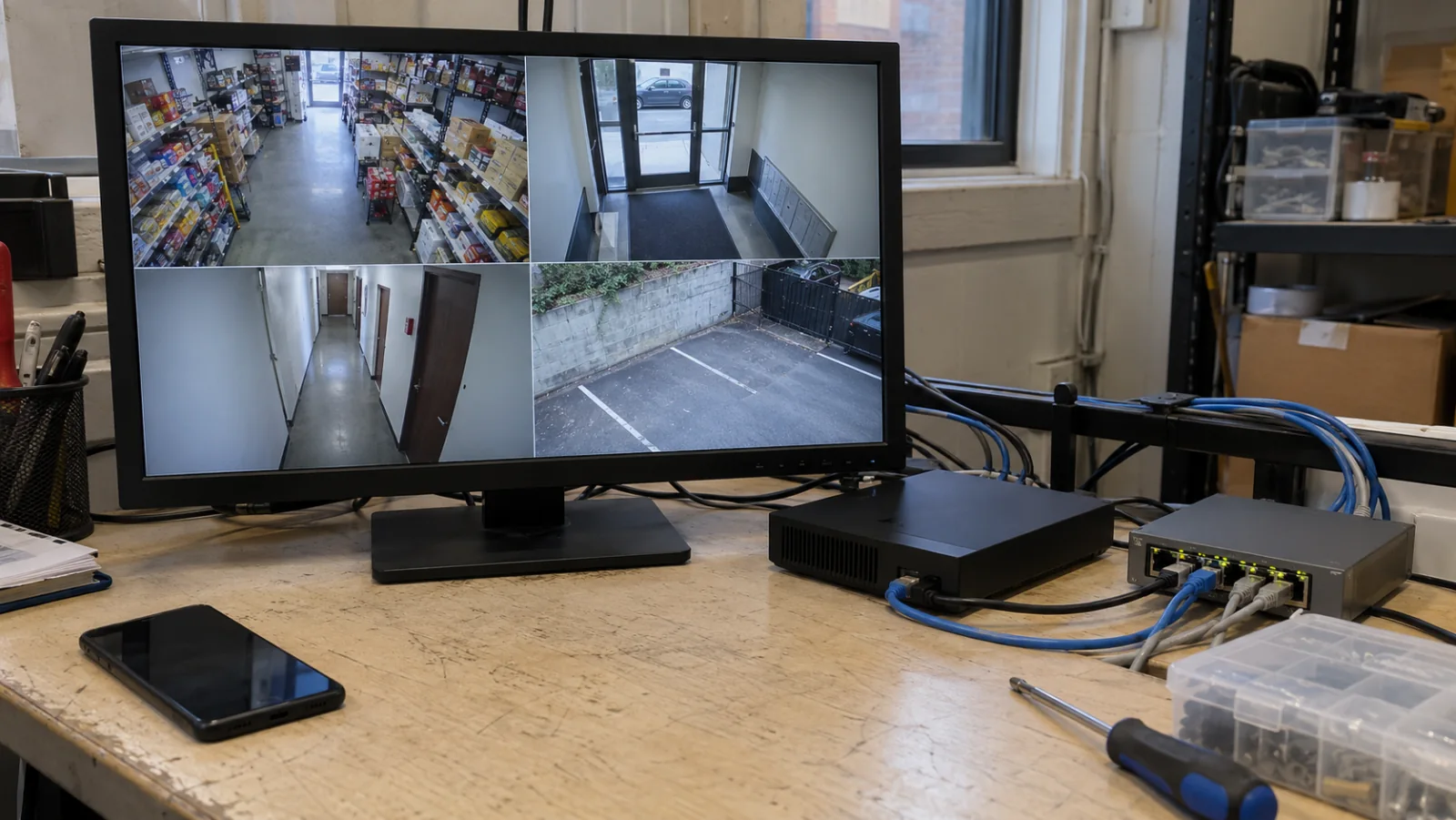 Illustrative recorder and network switch on a workbench with camera views on a monitor