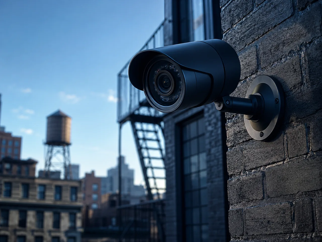 Outdoor security camera mounted on a Brooklyn building exterior